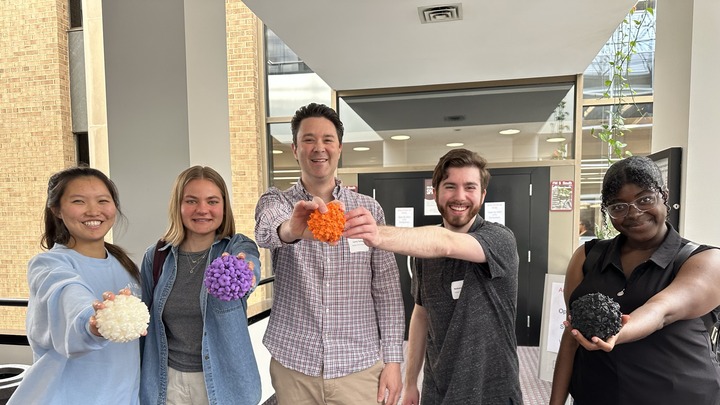Professor Tartaglia and students with 3D printed virus models