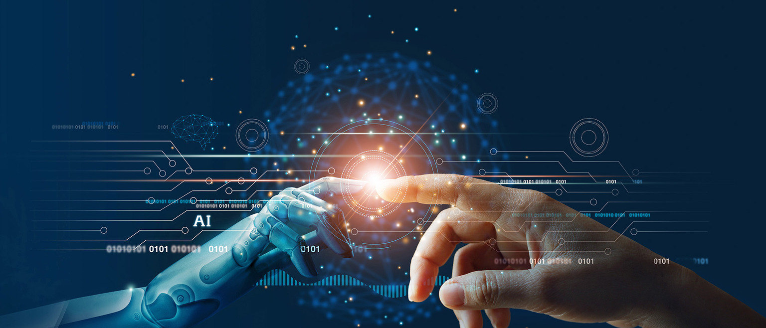 graphic of robotic arm touching fingers with human arm